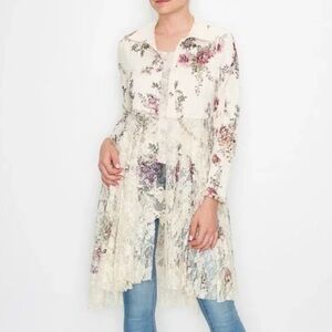 Origami by Vivian Floral Sweater Cardigan Lace Duster Boho Western Plus O/S